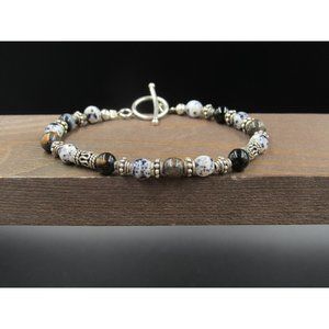 7" Sterling Silver Cool Pattern Two Different Stones Bracelet Vintage Elegant